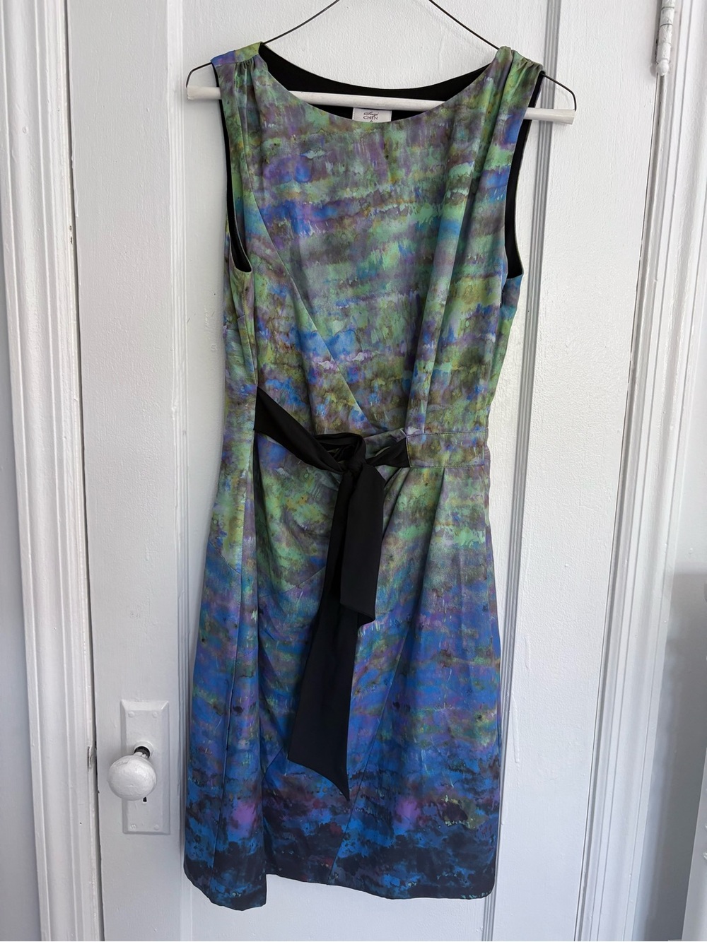 Suzi Chin Green-Blue Printed Sleeveless Dress with Black Waist Sash